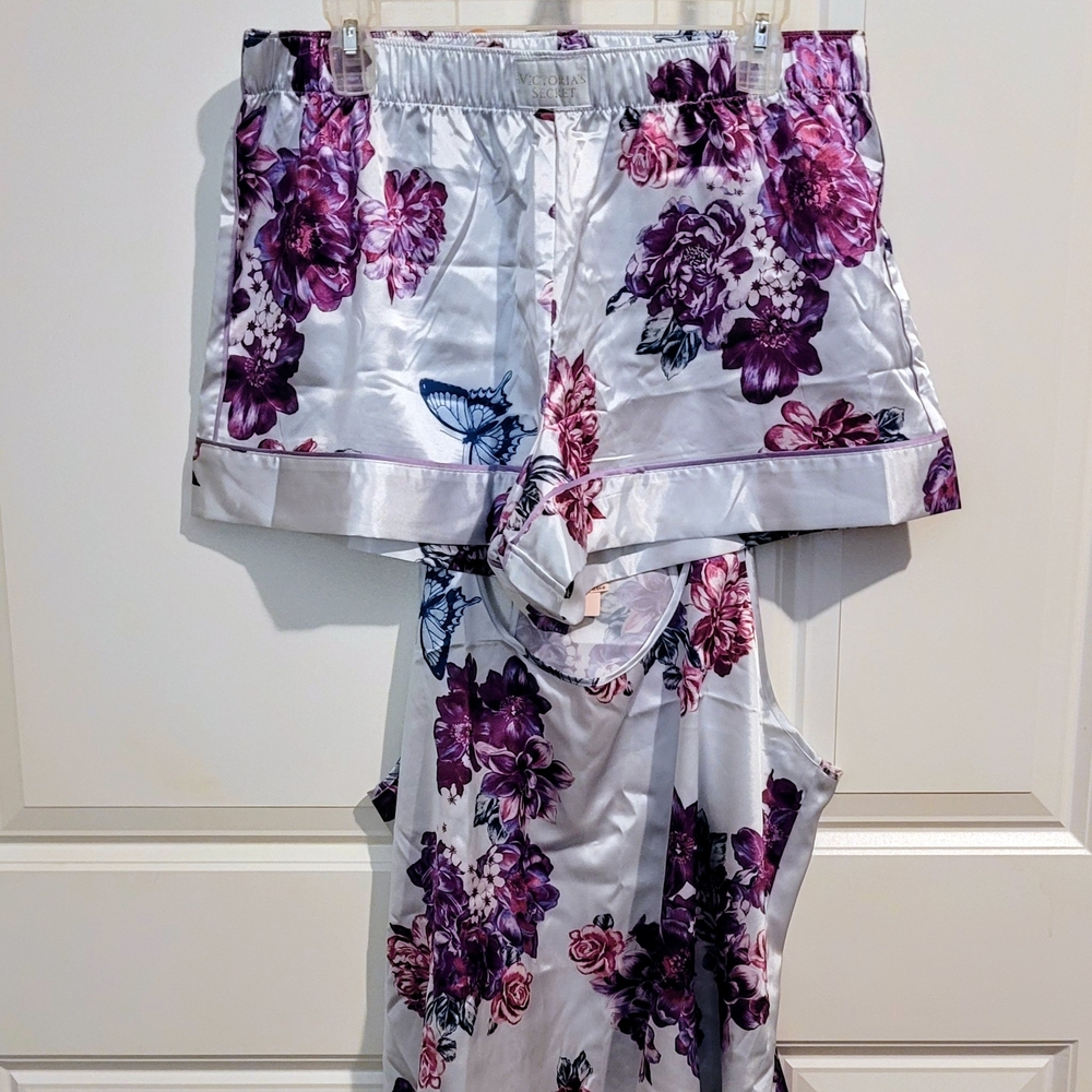 Victoria's Secret Silver Satin Pajama Set with Purple Floral